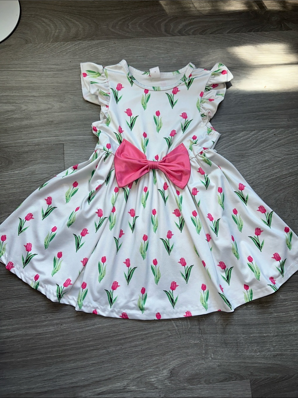 Girls Pink Tulip Print Dress with Bow | Flutter Sleeve Twirl Dress Size